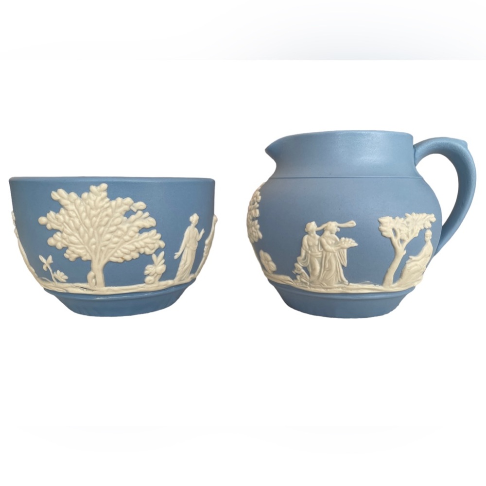 Vtg DUDSON & HANLEY England Blue Jasper Ware GREEK MUSES Mini Creamer+Sugar Bowl